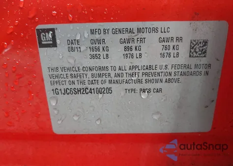 2012 Chevrolet Sonic 2Lt z USA, uszkodzony, nr VIN 1G1JC6SH2C4100205